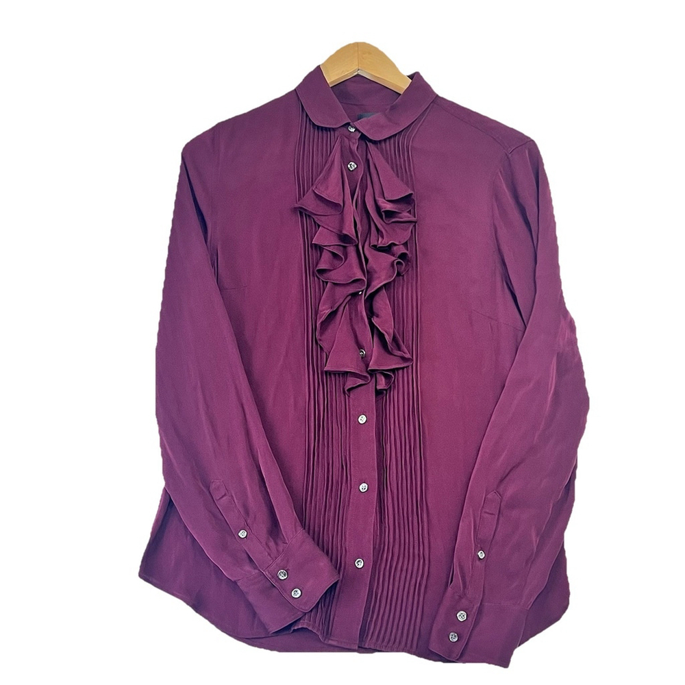 J. Crew Silk Blouse Ruffle Front Pleated Button Up Shirts Burgundy Women Sz 8